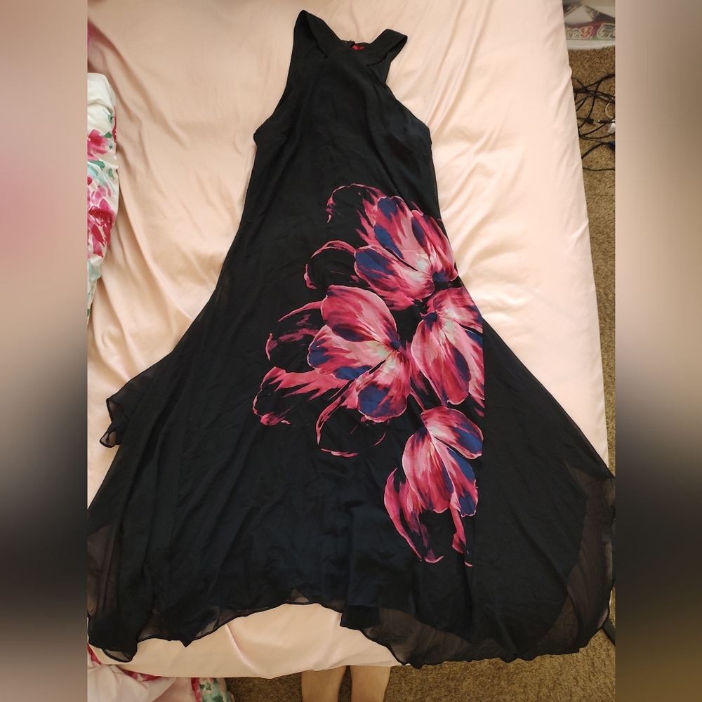 Jennifer Lopez Black Maxi Dress with Pink Floral Design